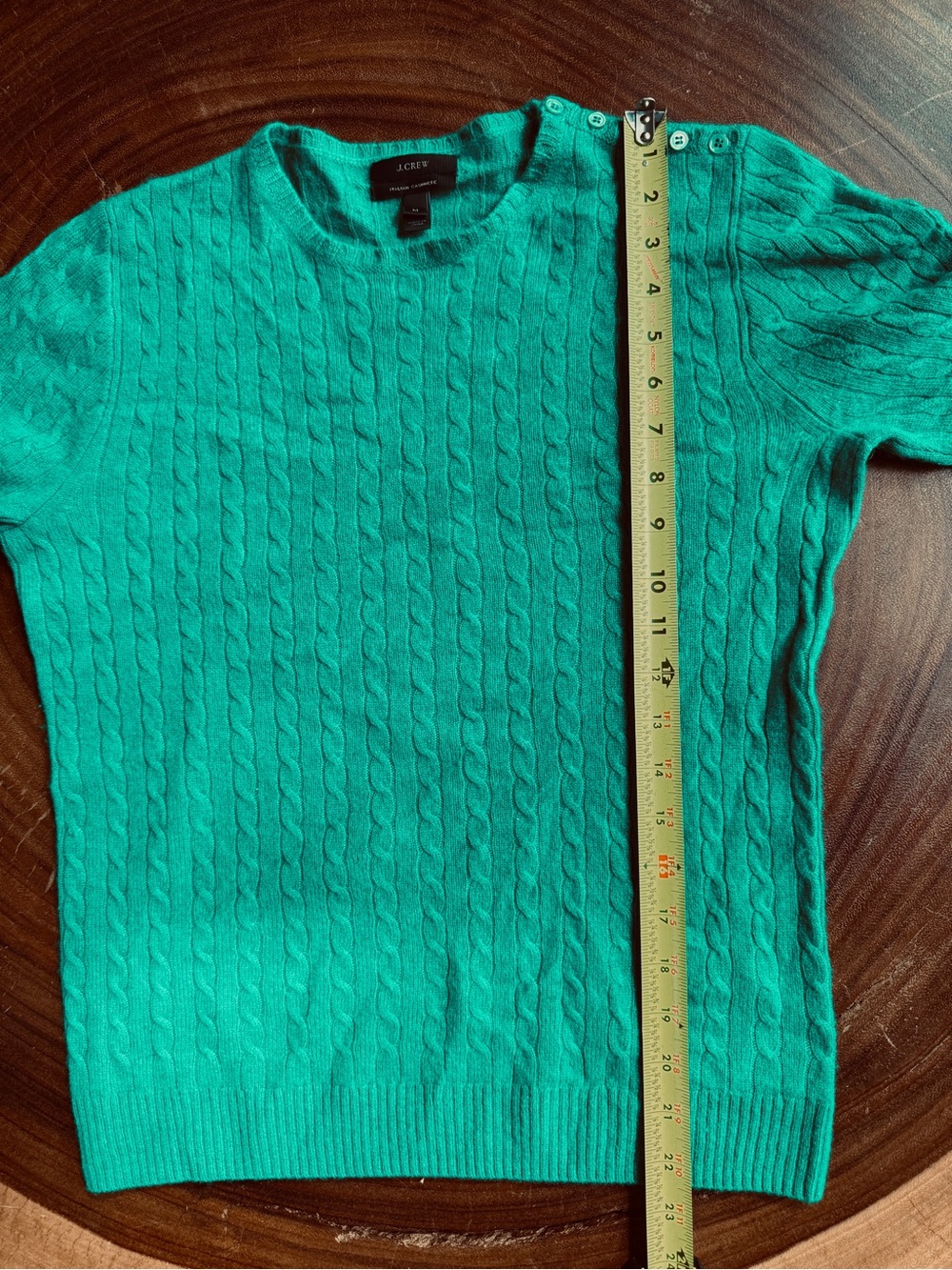 J. Crew Green Women's M 100% Italian Cashmere Cable Knit Button-Shoulder Sweater - Picture 8 of 8